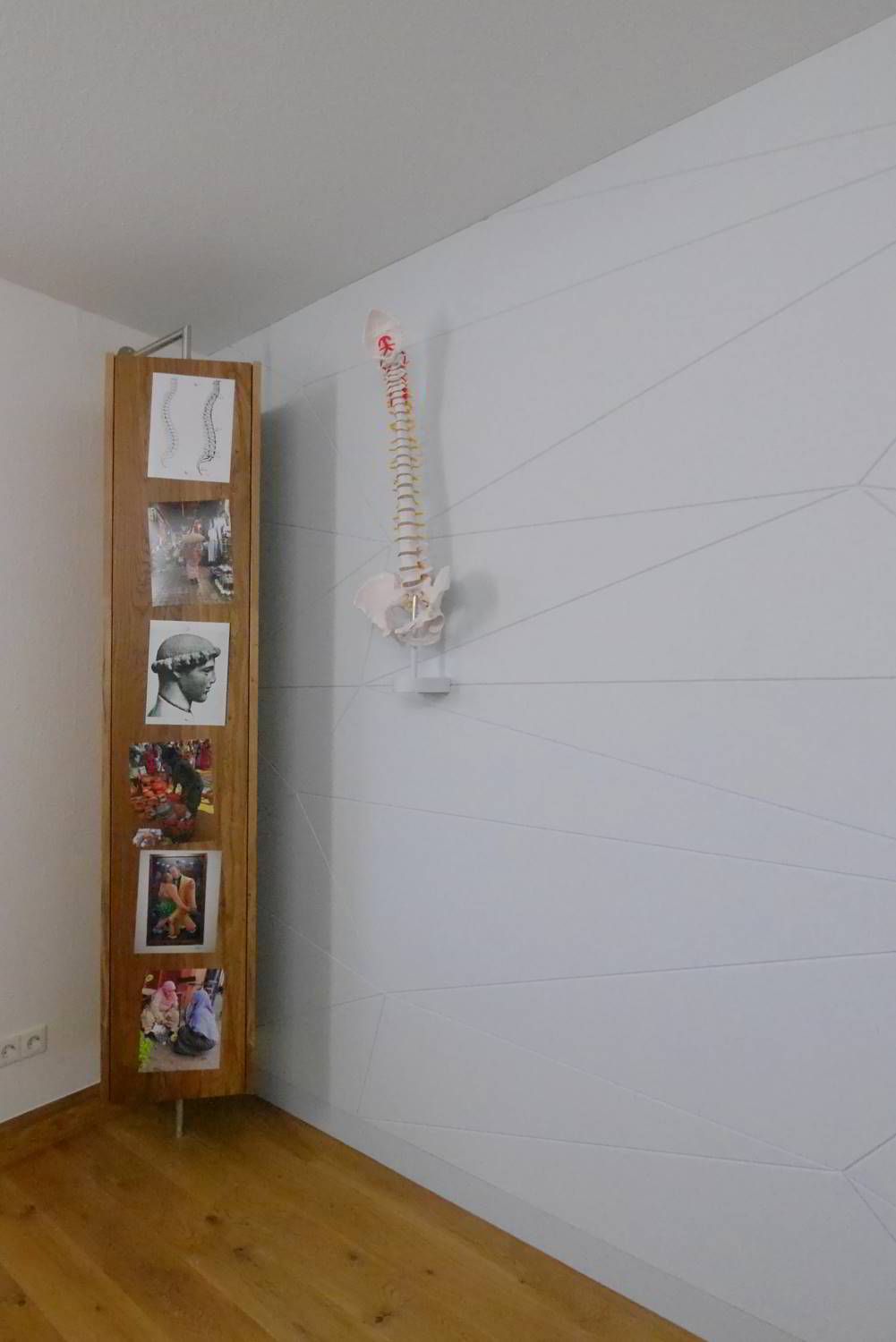 ein Eiche funriertes Drehrregal mit einer Türe auf der mit Magneten Bilder angebebracht sind. Daneben eine Wirbelsäule an der Wand aufgehöngt die mit Schallschluckendem Material verkleidet ist in IceBlue.