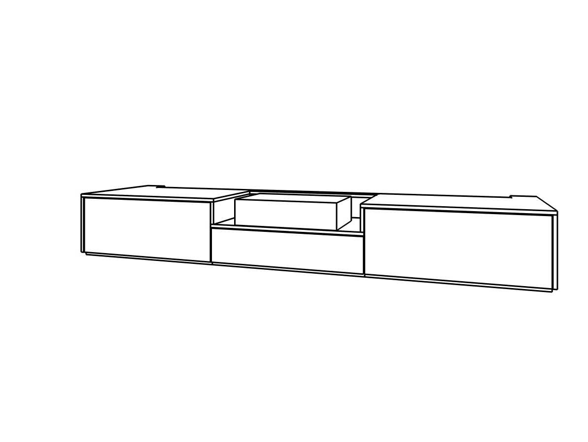 Cineboard gezeichnet in schwarz weiß, drei-teiliges Wohnzimmermöbel mit 3 großen Fronten