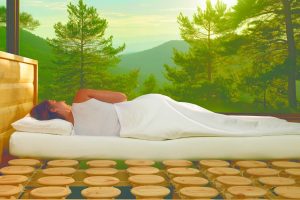 Relax 2000 Schlafsystem mit 3D-Spezialfederkörpern im Vordergrund, darauf liegend eine Frau mit weißer Decke und im Hintergrund ein grüner Zirbenwald