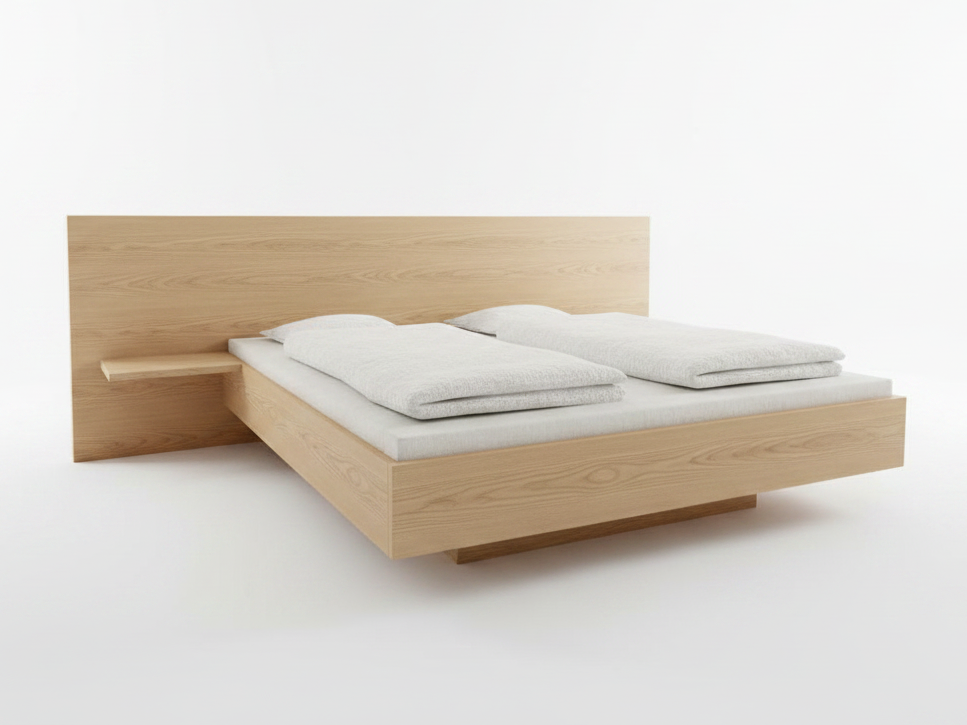 Bett in Holz, Kopfteil breiter als Bett  mit Ablagen auf den Seiten