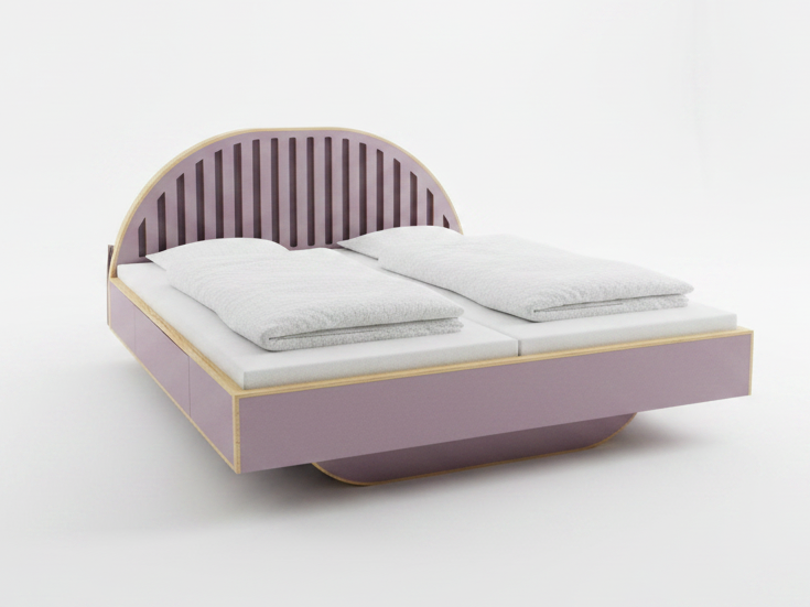 Bett mit rundem Kopfteil und abegerundetem Bettfuß, aus rosa Linoleum mit Kantne in Holz