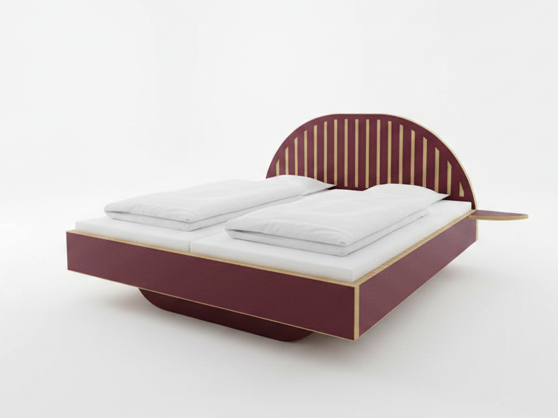 Bett mit rundem Kopfteil und abegerundetem Bettfuß, aus weinrotLinoleum mit Kantne in Holz